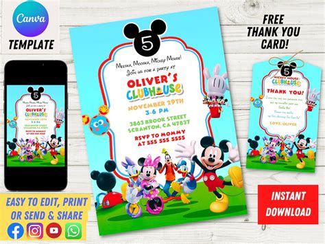 Clubhouse Birthday Invitation, Editable Mickey Invitation, Clubhouse ...