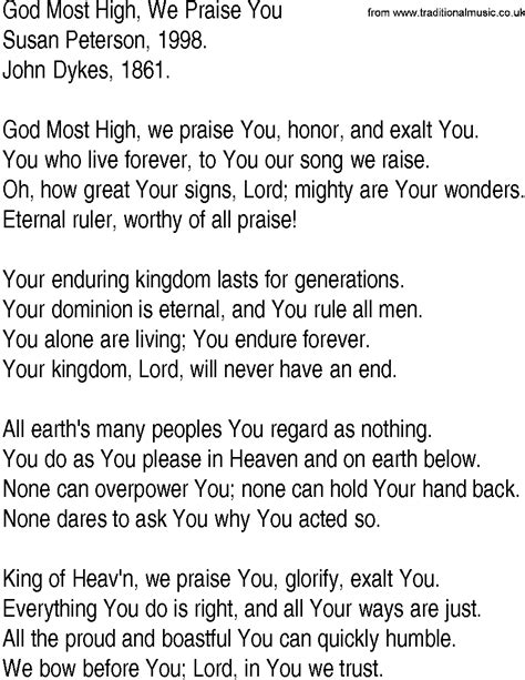 Hymn and Gospel Song Lyrics for God Most High, We Praise You by Susan ...