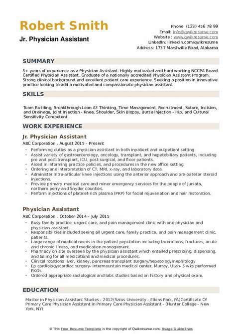 Physician Assistant Resume Samples | QwikResume