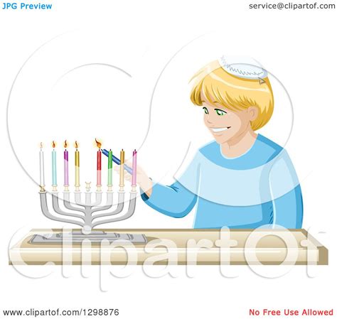 Clipart of a Happy Blond Jewish Boy Lighting Colorful Hanukkiah Candles ...