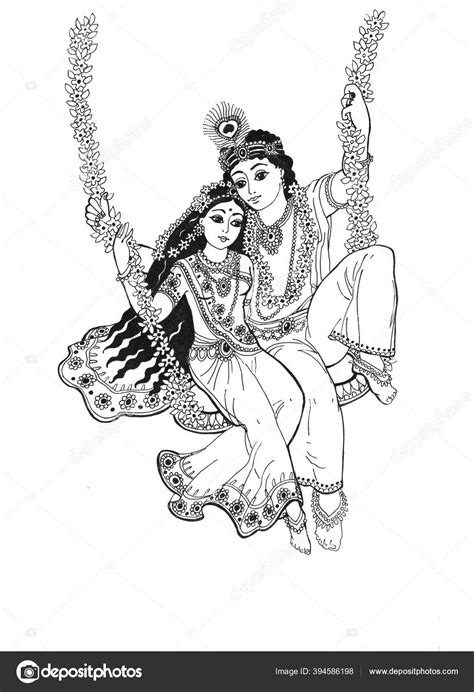 God Krishna Radha Swing Entwined Flowers Graphic Drawing White ...