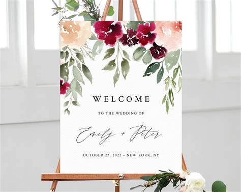 Burgundy & Blush Floral Wedding Welcome Sign Template, Welcome to the ...