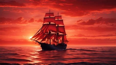 Premium Photo | Sailing Ship Silhouette In Red Sunset On The Sea