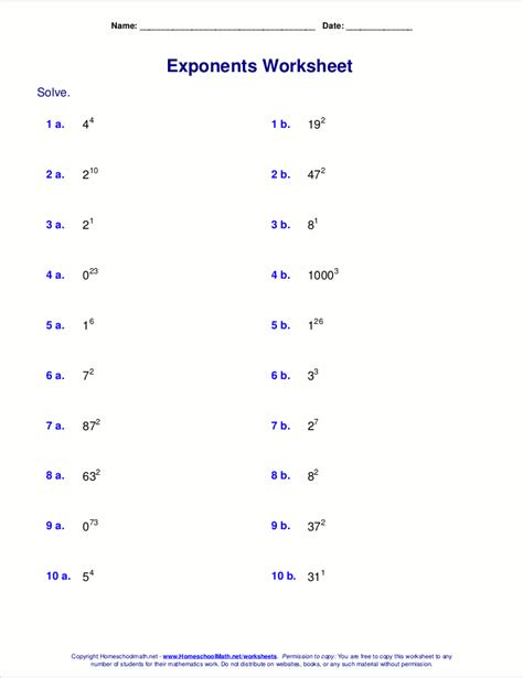 Free exponents worksheets