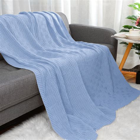 PiccoCasa 100% Cotton Knitted Throw Blanket for Sofa, Light Blue 47x70 ...