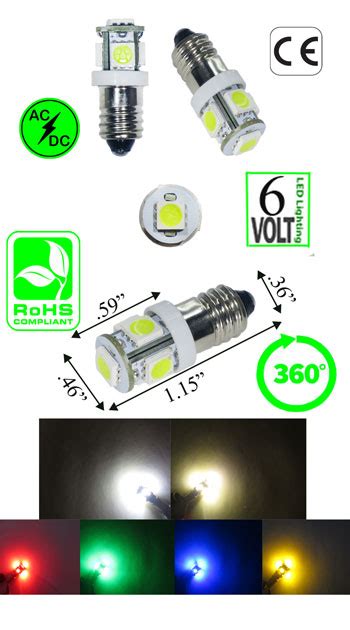 50 LED Bulb E10 Base 6 Volt 5 SMD T3 1/4 - Automotive - LEDLight