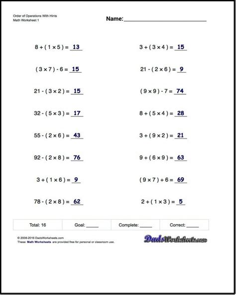 Free Printable Order Of Operations Worksheets - Printable Word Searches