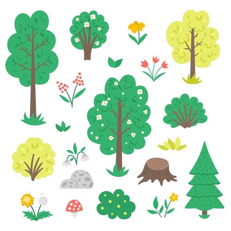 Vector set with garden or forest trees, plants, shrubs, bushes, flowers ...