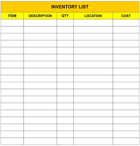 Free Printable Blank Inventory List Template