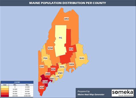 Maine County Map and Population List in Excel