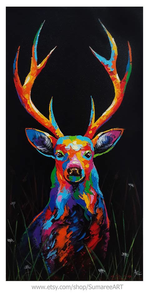 Portrait of Deer Acrylic Painting on Canvas | Etsy | Black canvas ...