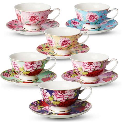 Tea Cup and Saucer Set of 6 (12 pieces), Floral Tea Cups, 8 Oz.Bone ...