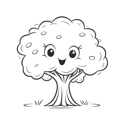 Cute Cartoon Smiling Tree Coloring Page Outline Sketch Drawing Vector ...