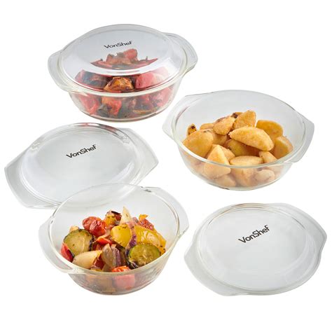 VonShef Set of 3 Glass Casserole Dishes with Lids Oven Proof Pots Bowls ...