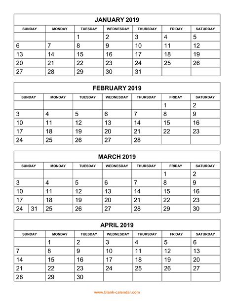 Free Download Printable Calendar 2019, 4 months per page, 3 pages ...