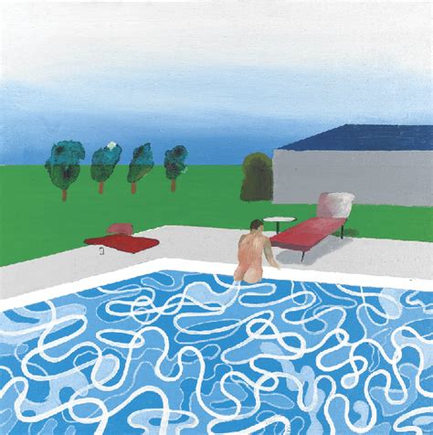 a painting of a person sitting on the edge of a swimming pool