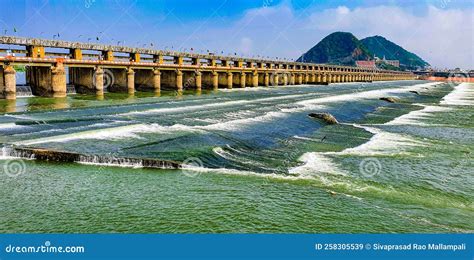 Wide View Of Flooded Krishna River Flows Through Prakasam Barrage In ...