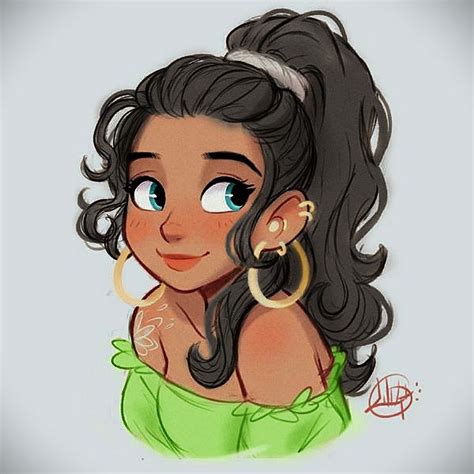 Cute Cartoon Girl Drawing with Black Hair and Green Outfit