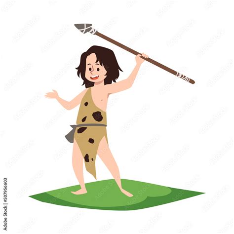 Stone age kid boy hunting with spear, flat vector illustration isolated ...