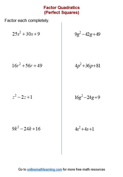 Perfect Square Trinomial Worksheets (printable, online, answers, examples)