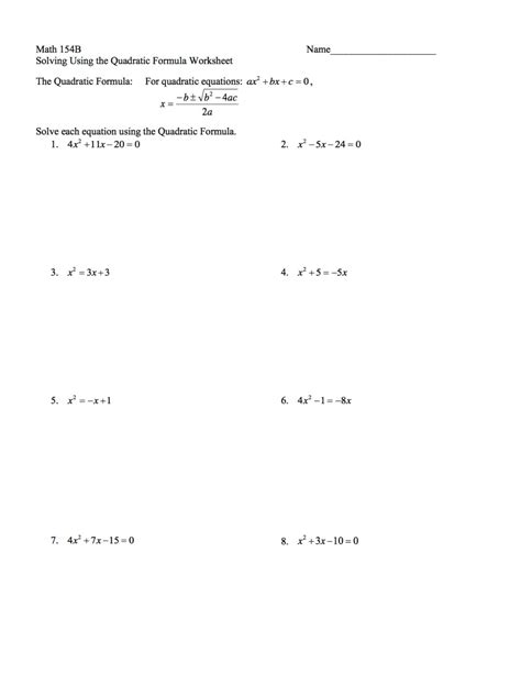 The Quadratic Formula Worksheet – E Street Light