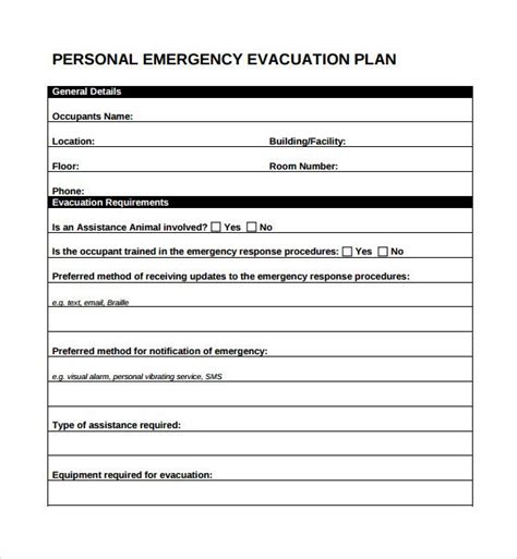 personal emergency evacuation plan printable template