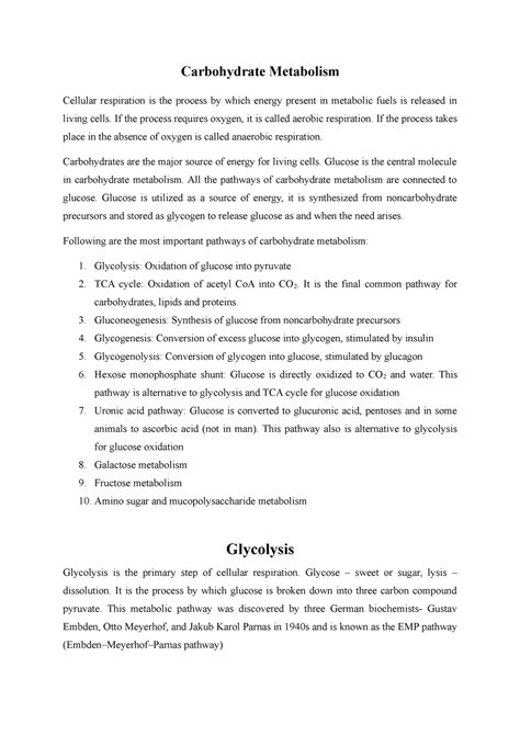 Carbohydrate metabolism-glycolysis - Carbohydrate Metabolism Cellular ...