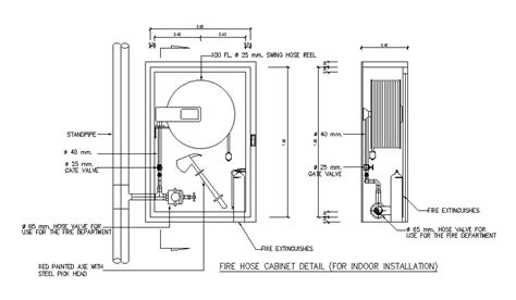 the fire house cabinet plan and side section CAD drawing that shows ...