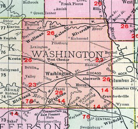 Washington County, Iowa, 1911, Map, Washington City, Kalona, Wellman ...