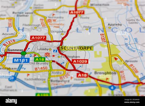 Scunthorpe and surrounding areas shown on a road map or geography map ...