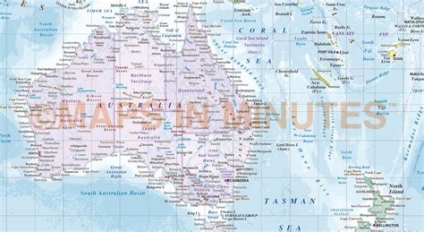 Digital vector map of Australasia region, political with Ocean contours ...