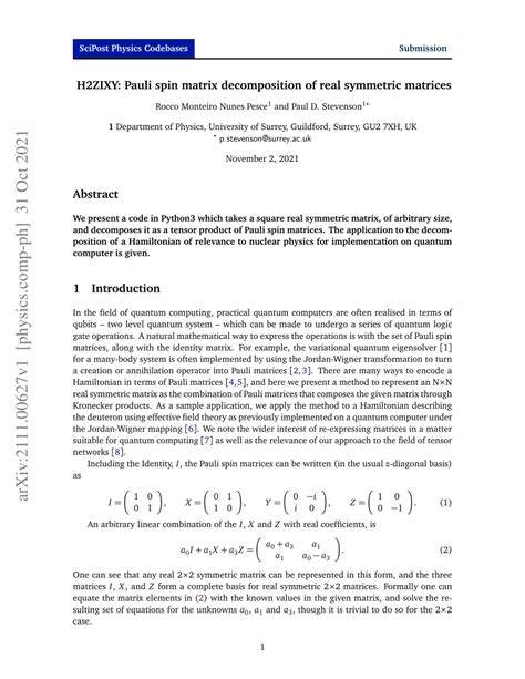 (PDF) H2ZIXY: Pauli spin matrix decomposition of real symmetric matrices