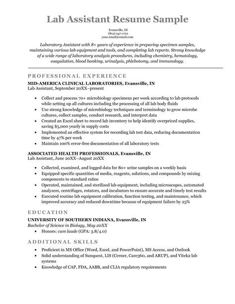 Laboratory Assistant Resume Sample