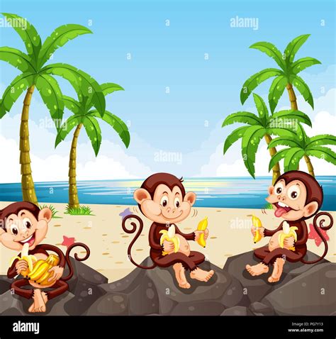 Monkey eating banana at the beach illustration Stock Vector Image & Art ...