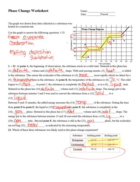 Phase Change Worksheet with Answer Key | Exercises Chemistry | Docsity