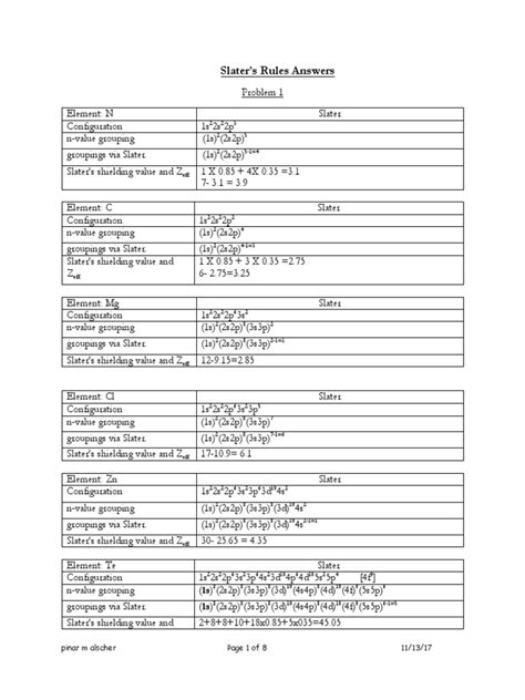 Slater's Rules ANSWERS | PDF | Electron Configuration | Atomic Orbital