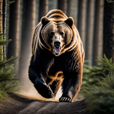 Premium Photo | Photo of big angry grizzly bear running in the jungle ...