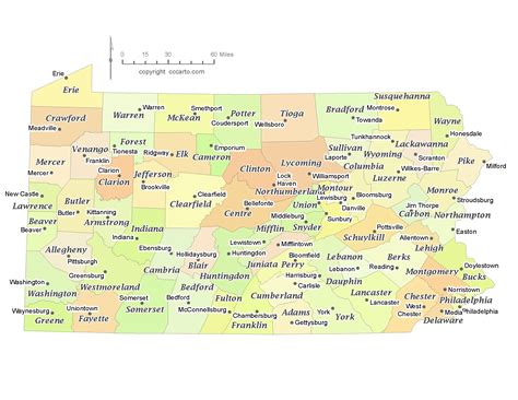 State of Pennsylvania County Map with the County Seats