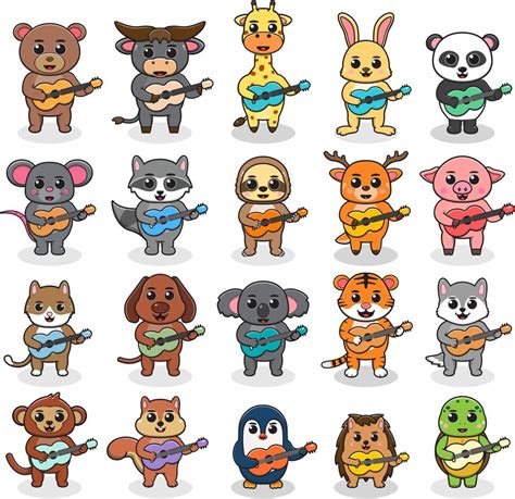 Set of cute cartoon animals with Guitar. Vector collection funny ...