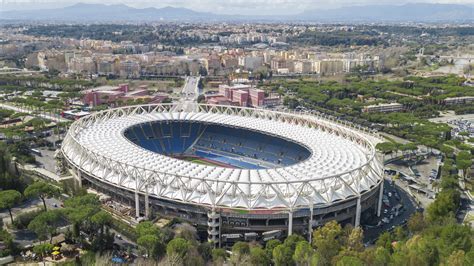 Aerial view of the Olympic Stadium in Rome, Italy. On this field are ...