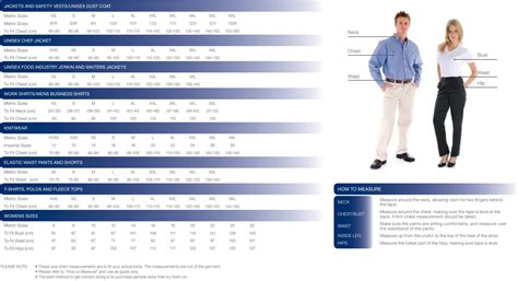 DNC Workwear Size Guides - Online Workwear