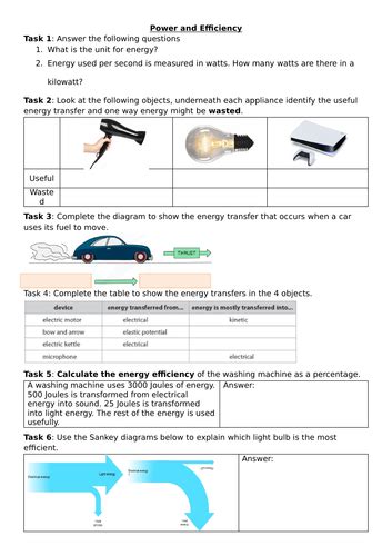 Energy Transfers, Power, Efficiency and Sankey Diagrams Worksheet - 8K ...