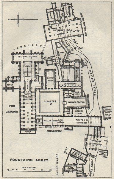 Fountains Abbey ground plan. Yorkshire 1957 old vintage map chart ...