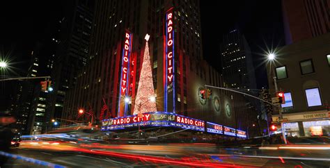 New York City, USA- January 1, 2017: Bright Christmas lights of Radio ...