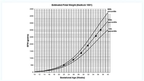 Intrauterine fetal growth chart. The black dots represent the estimated ...