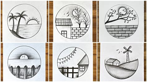 6 easy circle scenery drawing ideas || Pencil drawing step by step ...