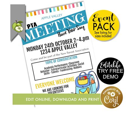 PTA Meeting School Poster Editable School Meeting Template - Etsy UK