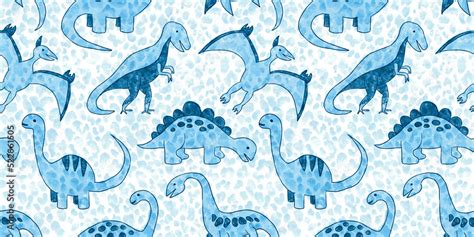 Seamless hand drawn pastel baby blue dinosaur pattern with polka dot ...