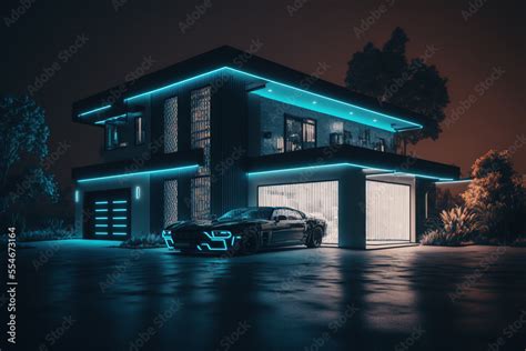 A futuristic modern luxury house with blue neon lights and a sports car ...