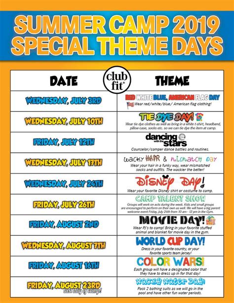 Camp Theme Days & Lunch Menu – Club Fit Briarcliff – Club Fit | Summer ...